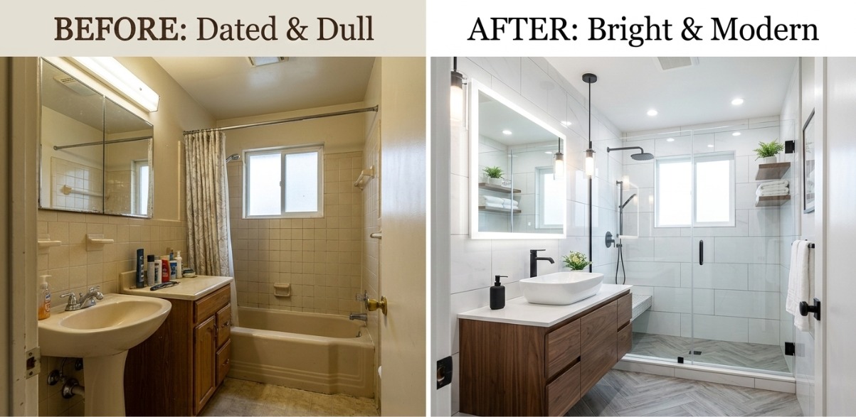 Image of a bathroom upgrade from old to refreshing new, using bathroom remodel ideas on a budget.